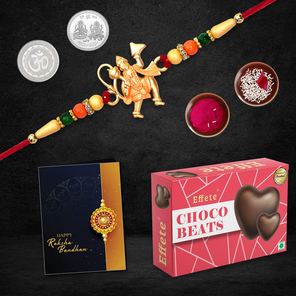 (K1_261_cb32) Multicolor Hanuman Rakhi Combo With Chocolate Beats 32gm Silver Color Pooja Coin Roli Chawal  Greeting Card  Occasion  Rakhi For Brother With Gift  Chocolate Gift Pack Rakhi With Chocolate Gift Hemper  Bracelets For Men
