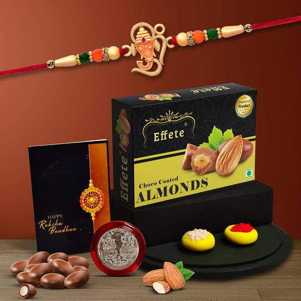 (K1_257_ca32) Multicolor Ganesh Rakhi Combo With Chocolate Almonds 32gm Silver Color Pooja Coin Roli Chawal  Greeting Card Occasion Stylish Rakhi For Brother Rakhi  Chocolate For Brother Rakhi Brother Rakhi With Gift Handmade Rakhi