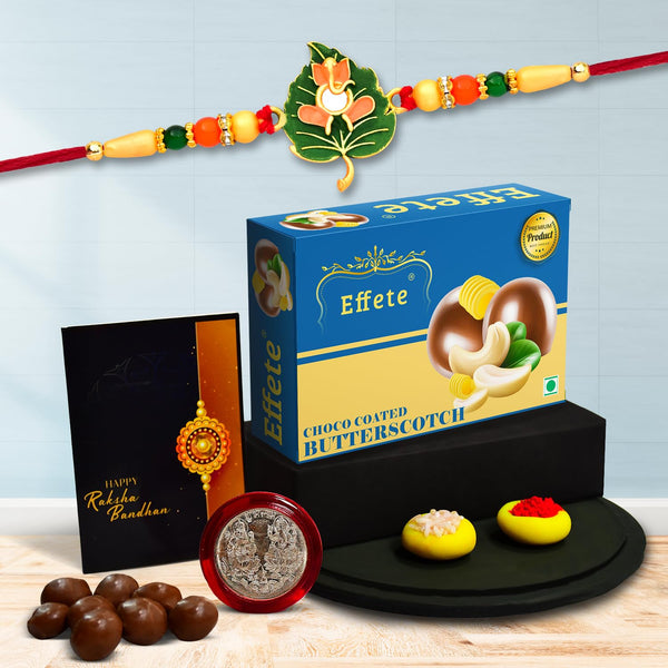 (K1_307_bs32) Multicolor Leaf Shped Rakhi Combo With Chocolate Butter Scotch 32gm Silver Color Pooja Coin Roli Chawal  Greeting Card Stylish Rakhi For Brother  Rakhi  Chocolate For Brother  Rakhi Brother  Rakhi With Gift  Handmade R