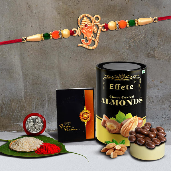 (K1_257_ca) Multicolor Ganesh Rakhi Combo With Chocolate Almonds 96gm Silver Color Pooja Coin Roli Chawal  Greeting Card  Occasion  Rakhi For Brother With Gift  Bracelets For Men Stylish Rakhi Combo For Brother  Set Of 1 Rakhi  Rakh