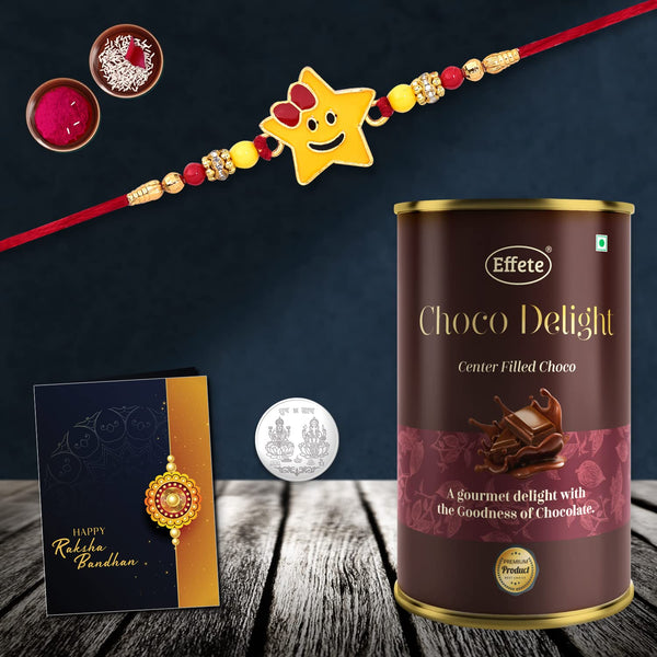 (K1_274_cd) Multicolor Rakhi Combo With Chocolate Delight  Silver Color Pooja Coin Roli Chawal  Greeting Card Occasion Rakhi  Chocolate For Brother Rakhi With Chocolate Rakhi With Gift Rakhi Combo Set Of 1 Rakhi Rakhi Chocolate Gi
