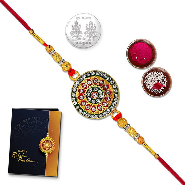 Multicolor Simley Faced Rakhi  Bracelet (K1_306) With Silver Color Pooja Coin Tilak Set  Greeting Card  Chandi Ki Rakhis  Rakhi For Brother With Gift Kids  Online Rakhi Combo  Rakhi Set For Brother  Bracelet For Brother  Silver Rakhi  Rak